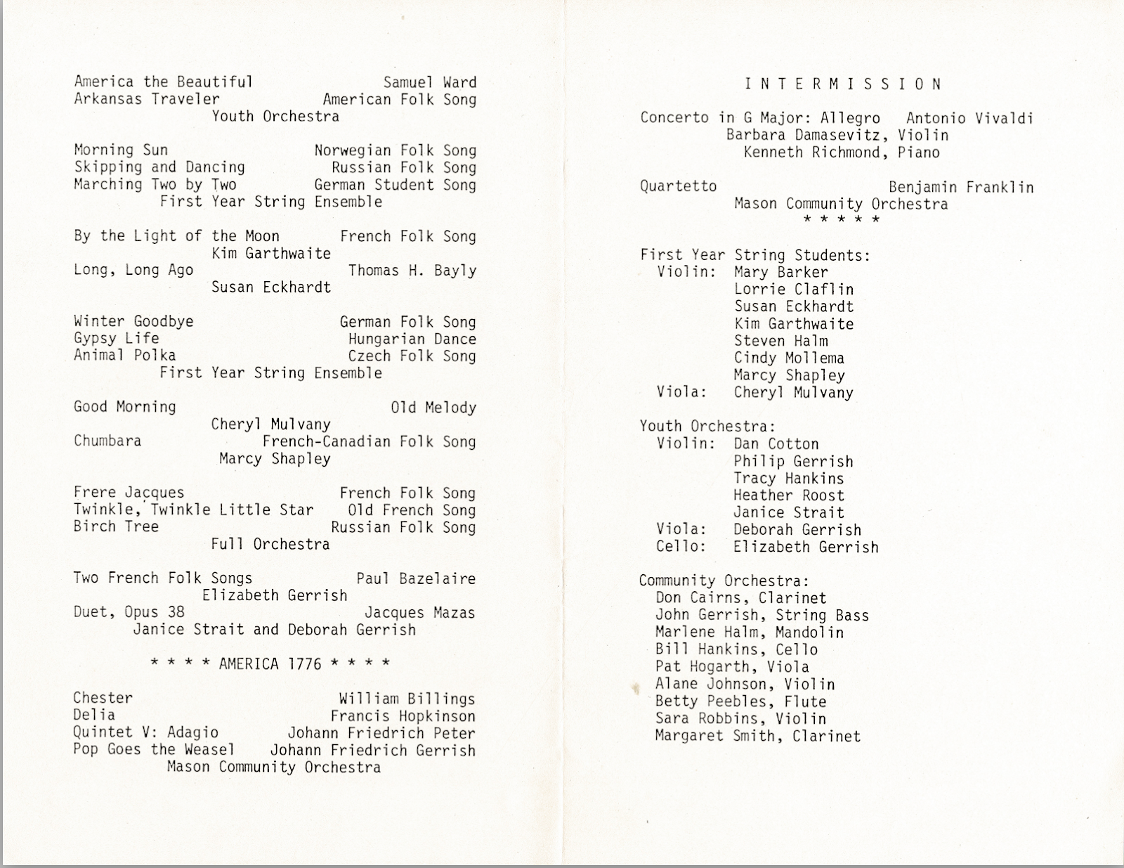  Mason Orchestral Society First Concert Program from June 13, 1976